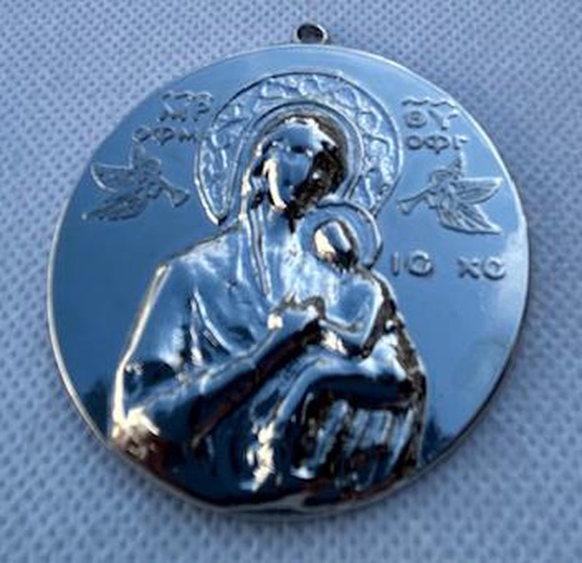 Hand Etched Silver Icon Pendant - Virgin Mary and Child