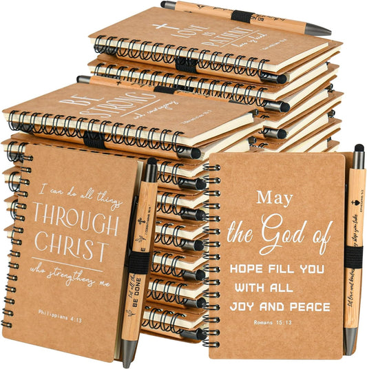 Christian Gifts Prayer Journal Christian Spiral Notebooks Bulk Journals with Christian Pens for Friends Colleagues Family Christmas Gifts(30 Sets Brown)