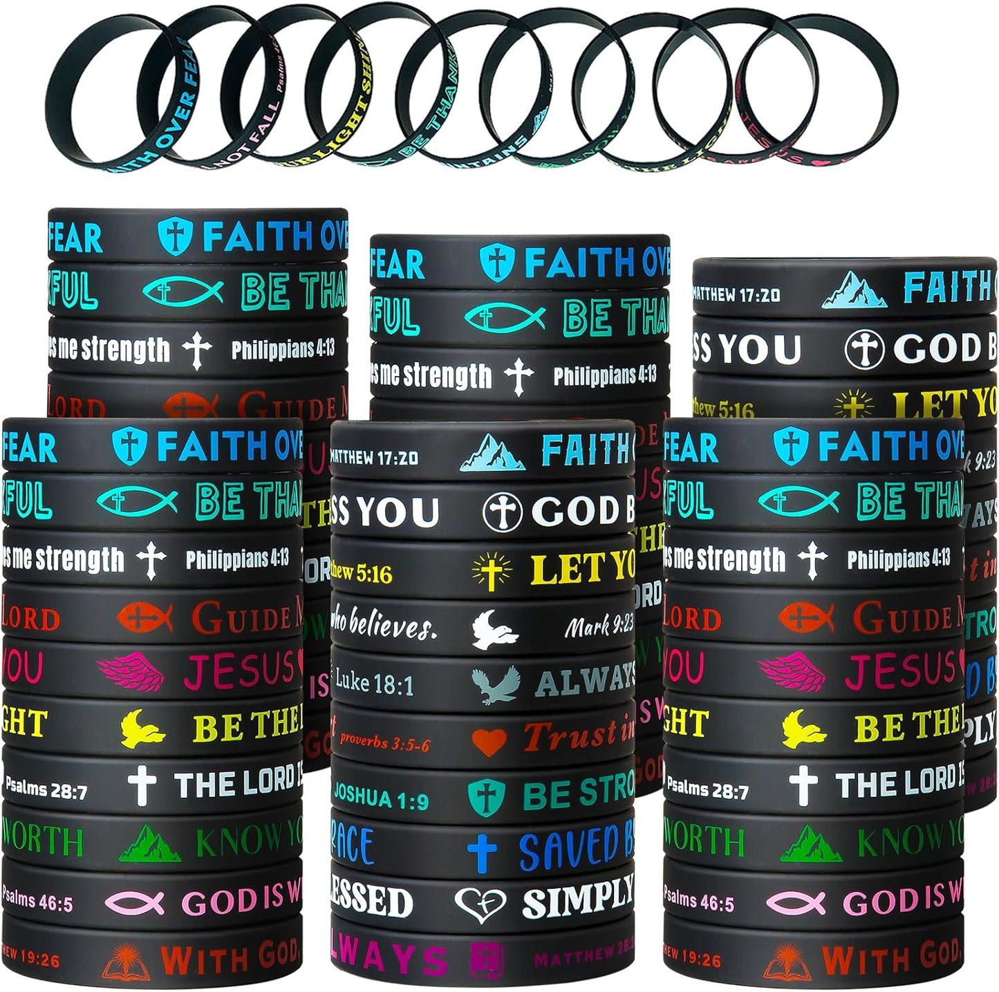 Bible Verse Bracelets – 80 Pcs Silicone Bracelets Bulk Jesus Bracelets – Cute Christian Bracelet Colored Wristbands – Comfortable and Lightweight – Perfect Religious Gifts for Men, Women