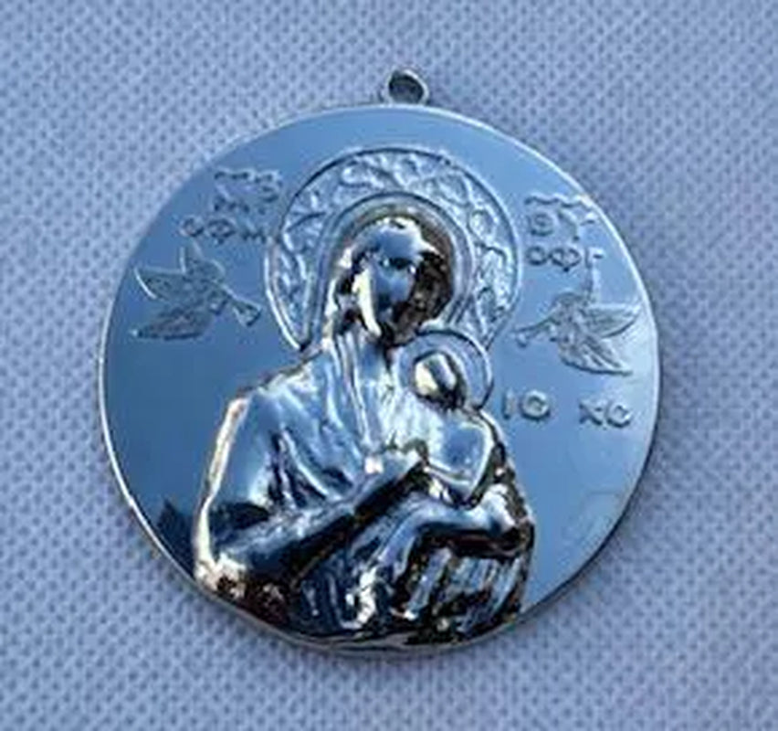 Hand Etched Silver Icon Pendant - Virgin Mary and Child