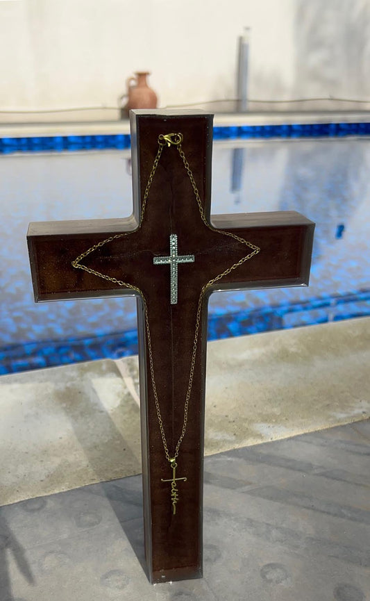 Handcrafted Large Resin Cross with Embedded Chain and Cross