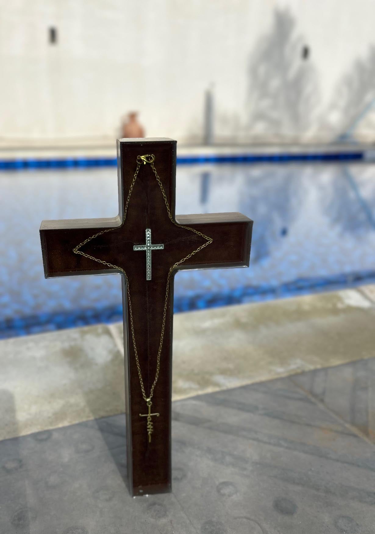 Handcrafted Large Resin Cross with Embedded Chain and Cross