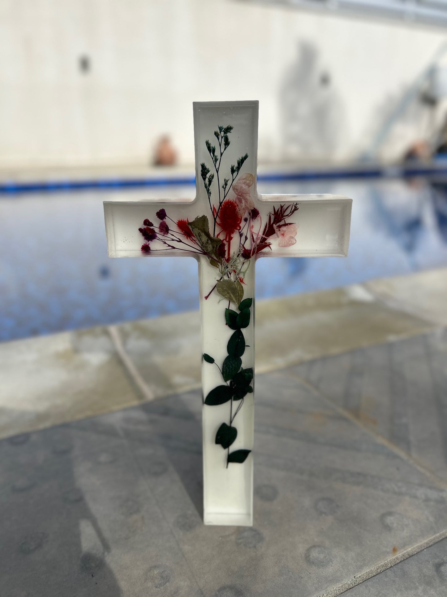 Handcrafted Resin Cross with Dried Florals and Liquid Glass Finish