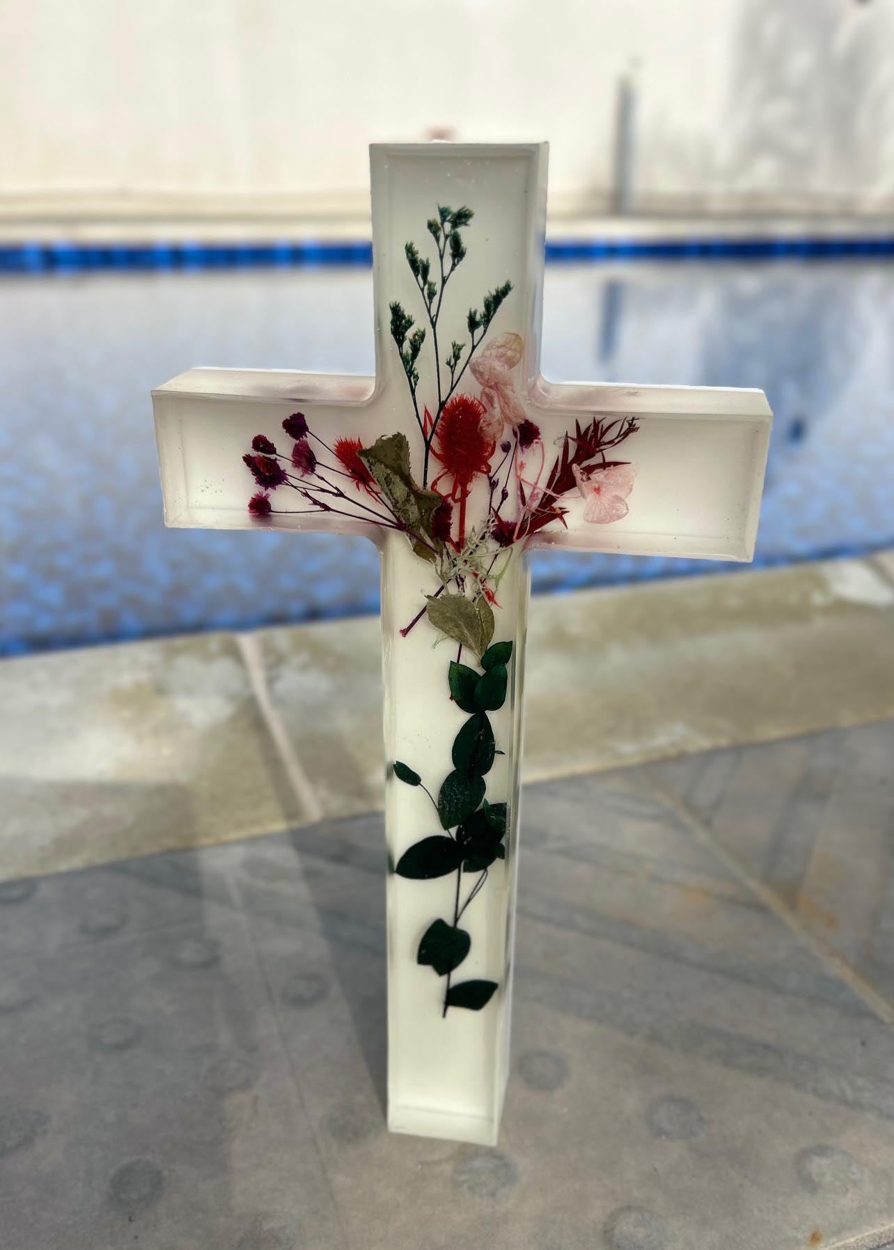 Handcrafted Resin Cross with Dried Florals and Liquid Glass Finish