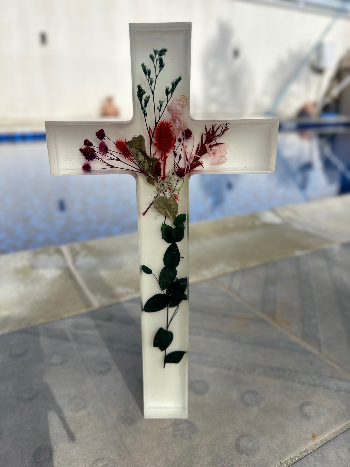 Handcrafted Resin Cross with Dried Florals and Liquid Glass Finish