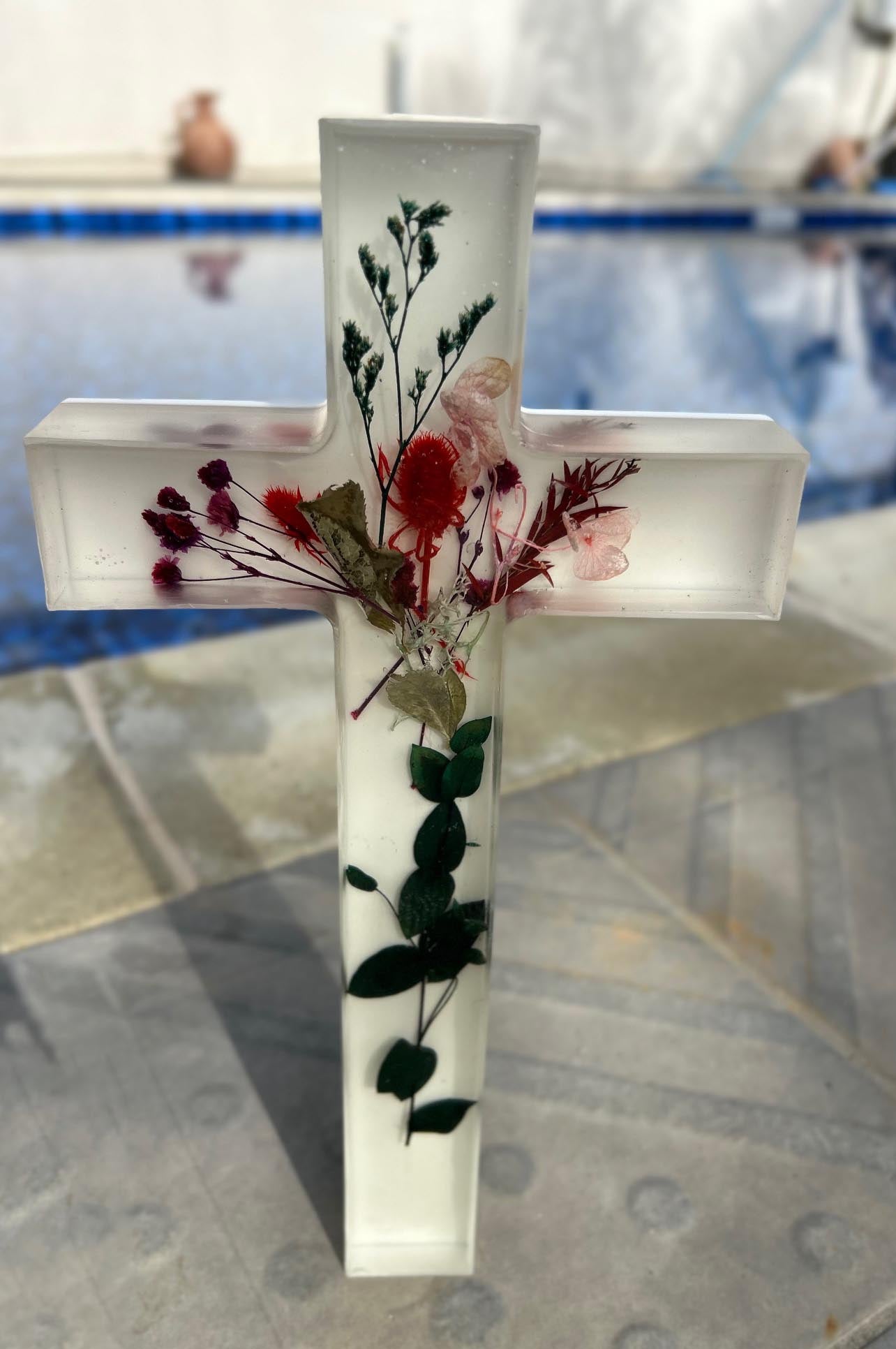 Handcrafted Resin Cross with Dried Florals and Liquid Glass Finish