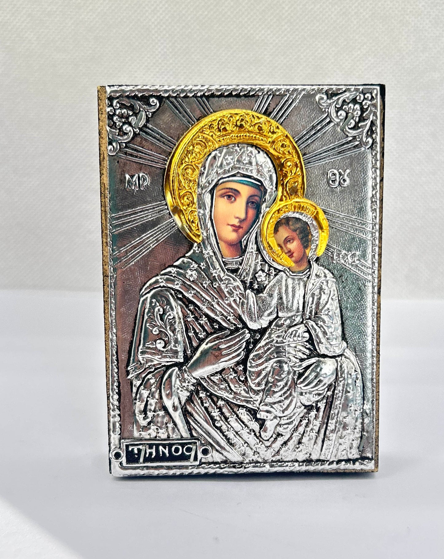 Silver Orthodox Icon of Virgin Mary & Christ Hand-Stamped Religious Icon 6.5cm x 9cm