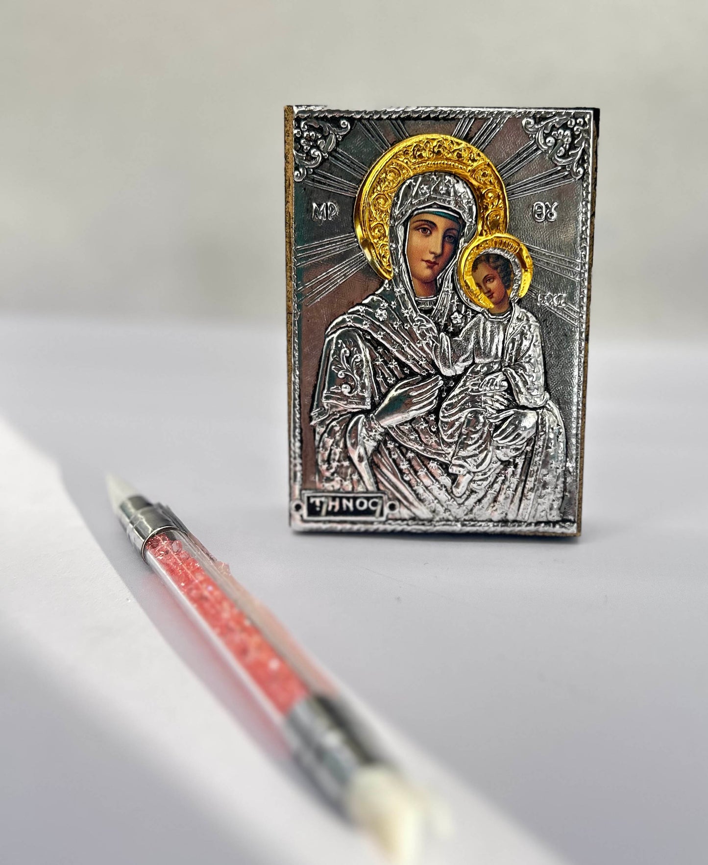 Silver Orthodox Icon of Virgin Mary & Christ Hand-Stamped Religious Icon 6.5cm x 9cm