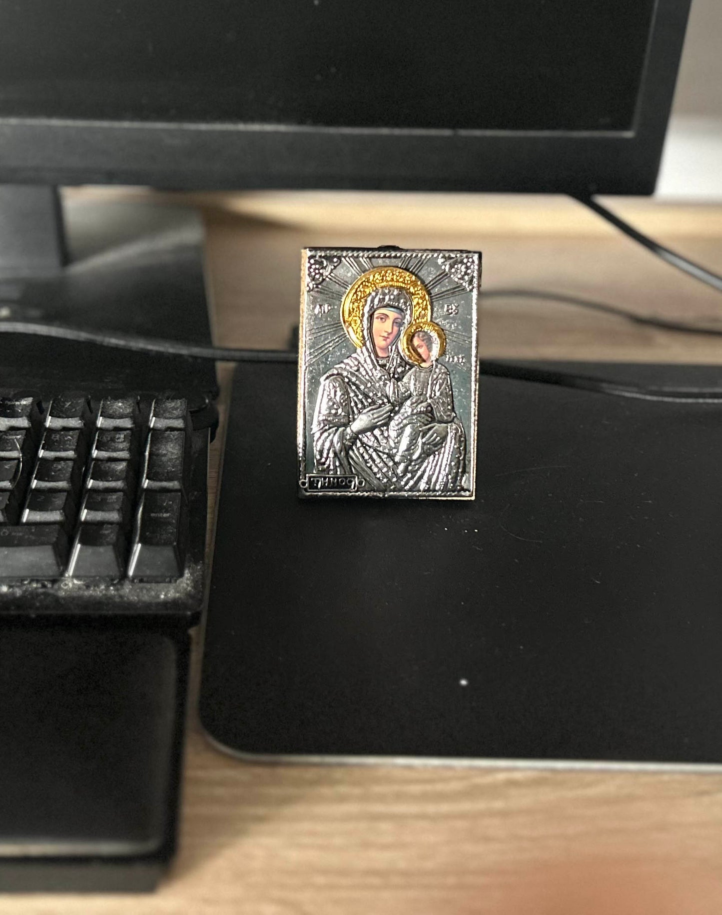 Silver Orthodox Icon of Virgin Mary & Christ Hand-Stamped Religious Icon 6.5cm x 9cm