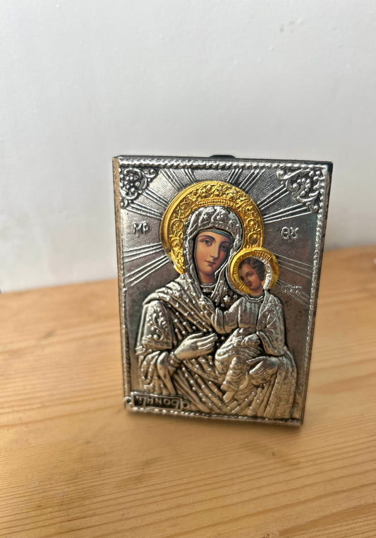 Silver Orthodox Icon of Virgin Mary & Christ Hand-Stamped Religious Icon 6.5cm x 9cm