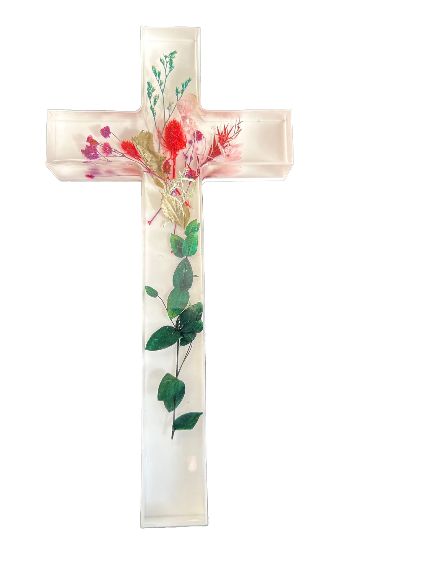 Handcrafted Resin Cross with Dried Florals and Liquid Glass Finish