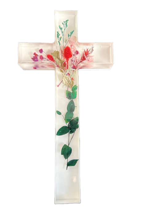 Handcrafted Resin Cross with Dried Florals and Liquid Glass Finish