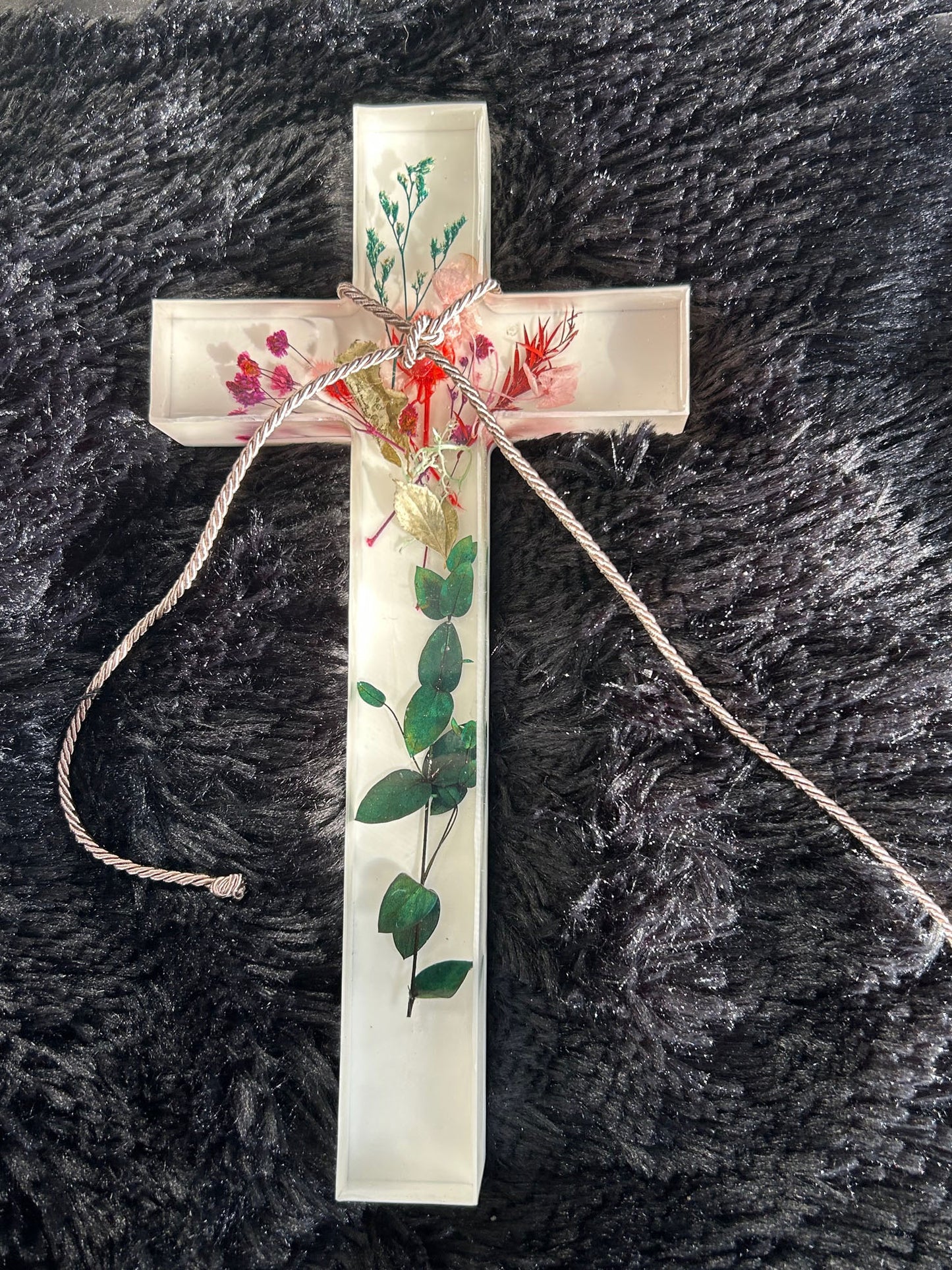 Handcrafted Resin Cross with Dried Florals and Liquid Glass Finish