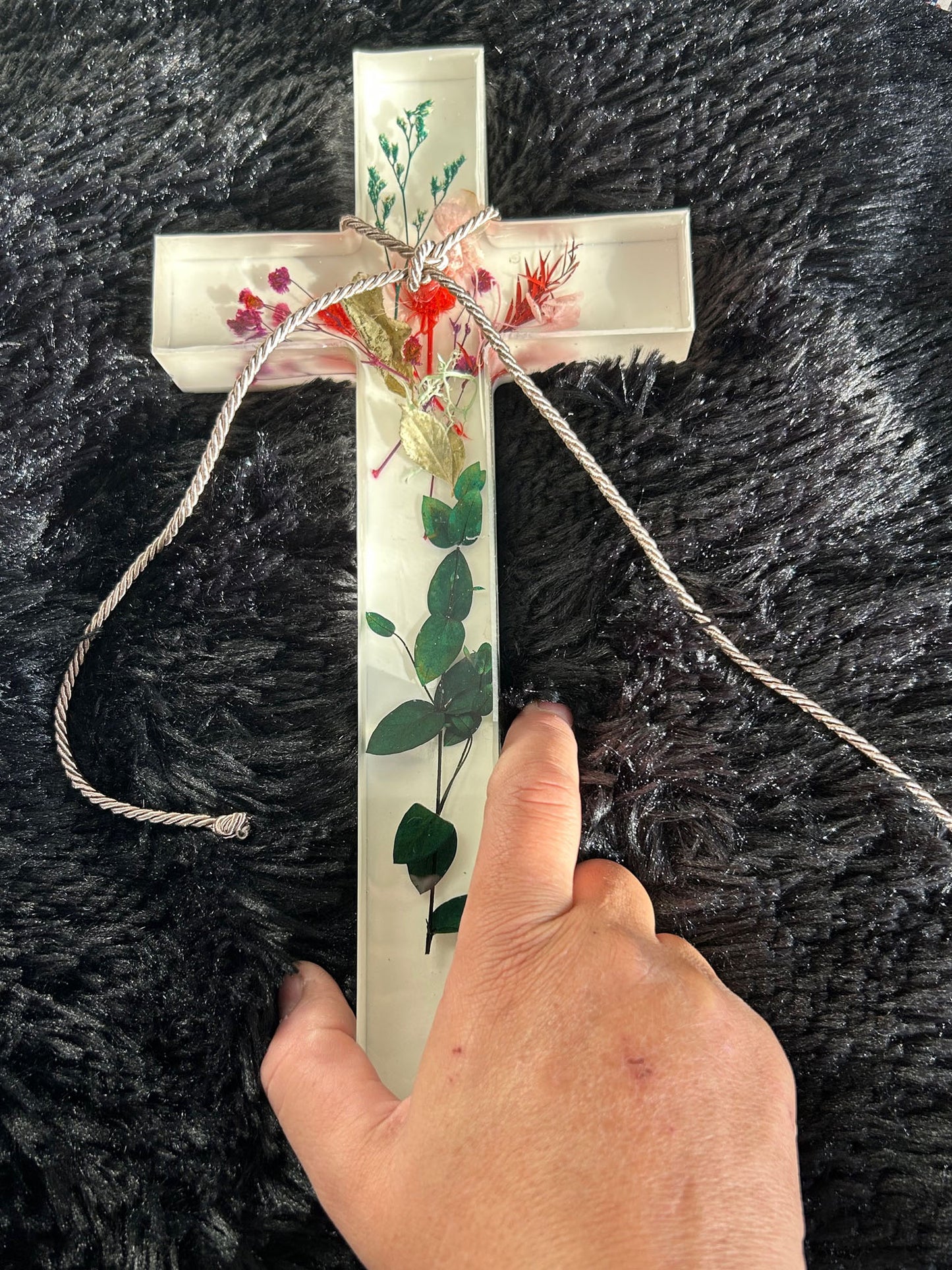 Handcrafted Resin Cross with Dried Florals and Liquid Glass Finish